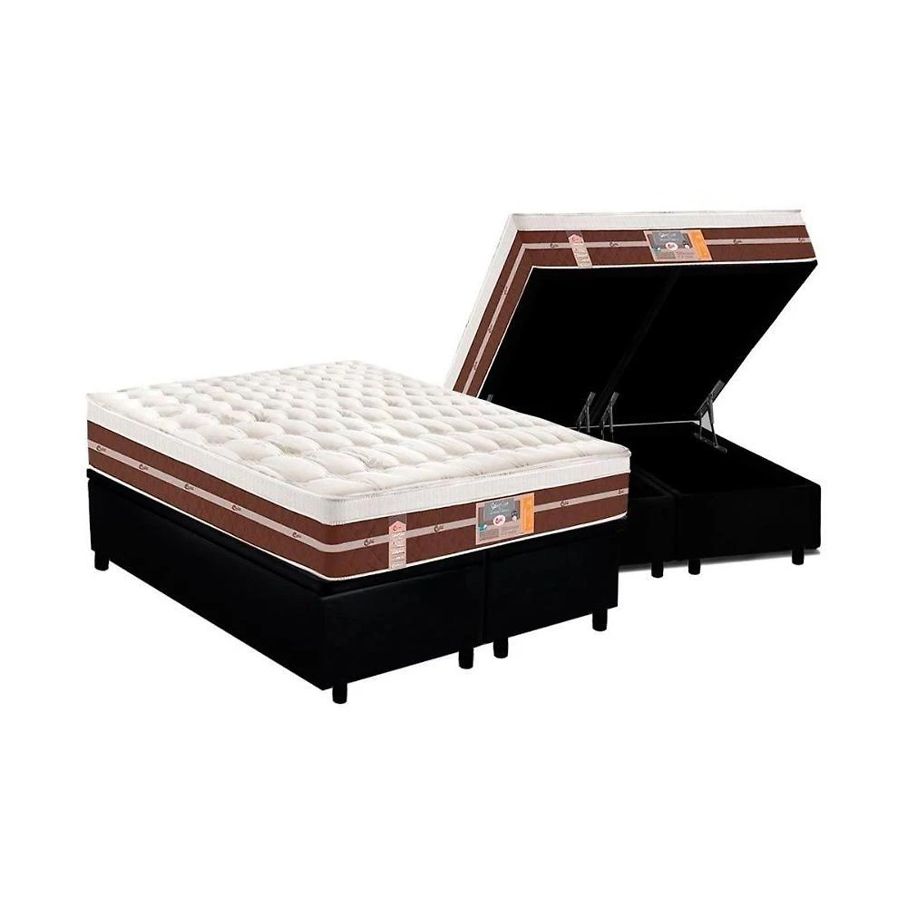 Cama Box Baú King: Colchão Molas Pocket Ensacadas Castor Silver Star Air Híbrido + Base Crc Courano Black (193x203)