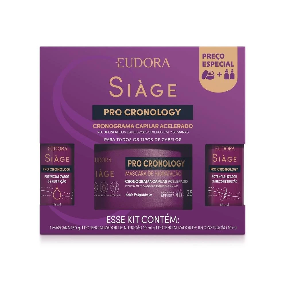 Kit Eudora Siage Pro Cronology - Mascara Capilar 250g+ Drop Reconstrução 10ml + Drop Nutrição 10ml