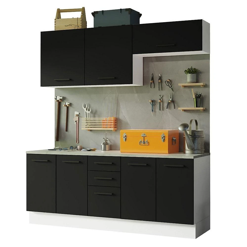 Kit Com 2 Balcões E 2 Armários Aéreos Multiuso 200cm Branco/preto Agata Madesa Branco/preto
