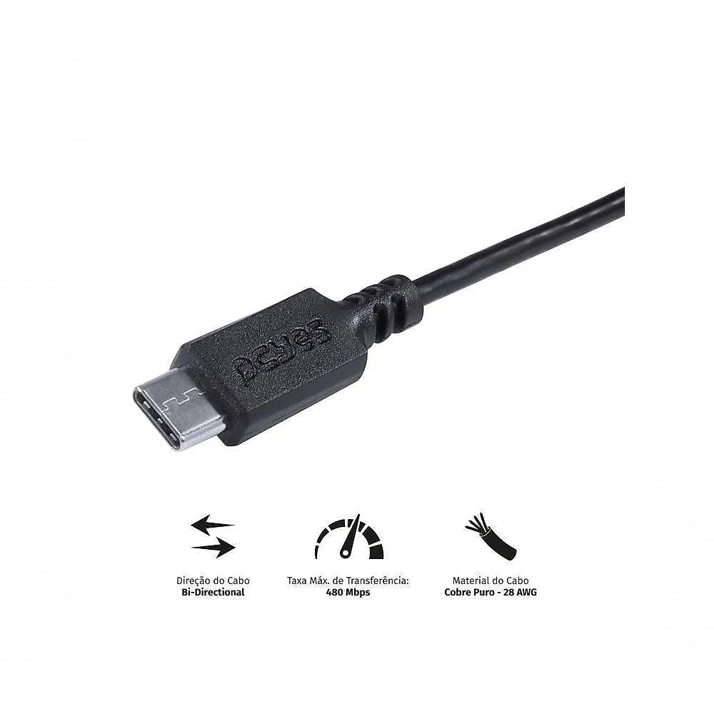 Cabo Usb a 2.0 para Usb Tipo C Pcyes para Celular 2 Metros 480Mbps 5V 3A 1 Unidade