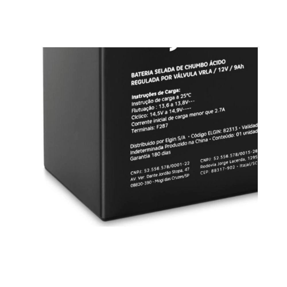 Bateria Selada Elgin VRLA 12V 9Ah Terminal F2 para Nobreak Alarme e Iluminação