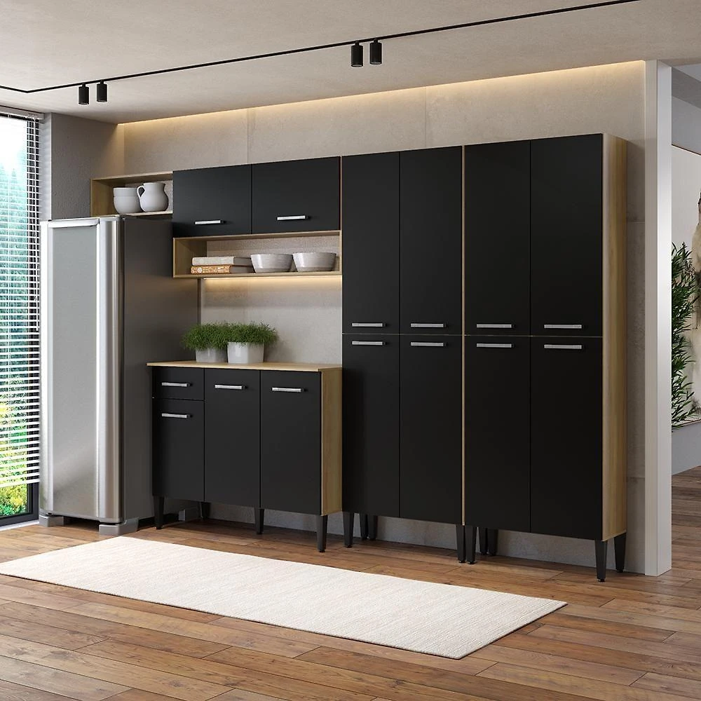Cozinha Arizona Fusion Two 13 Portas 1 Gaveta MDP Carvalho com Preto Carraro