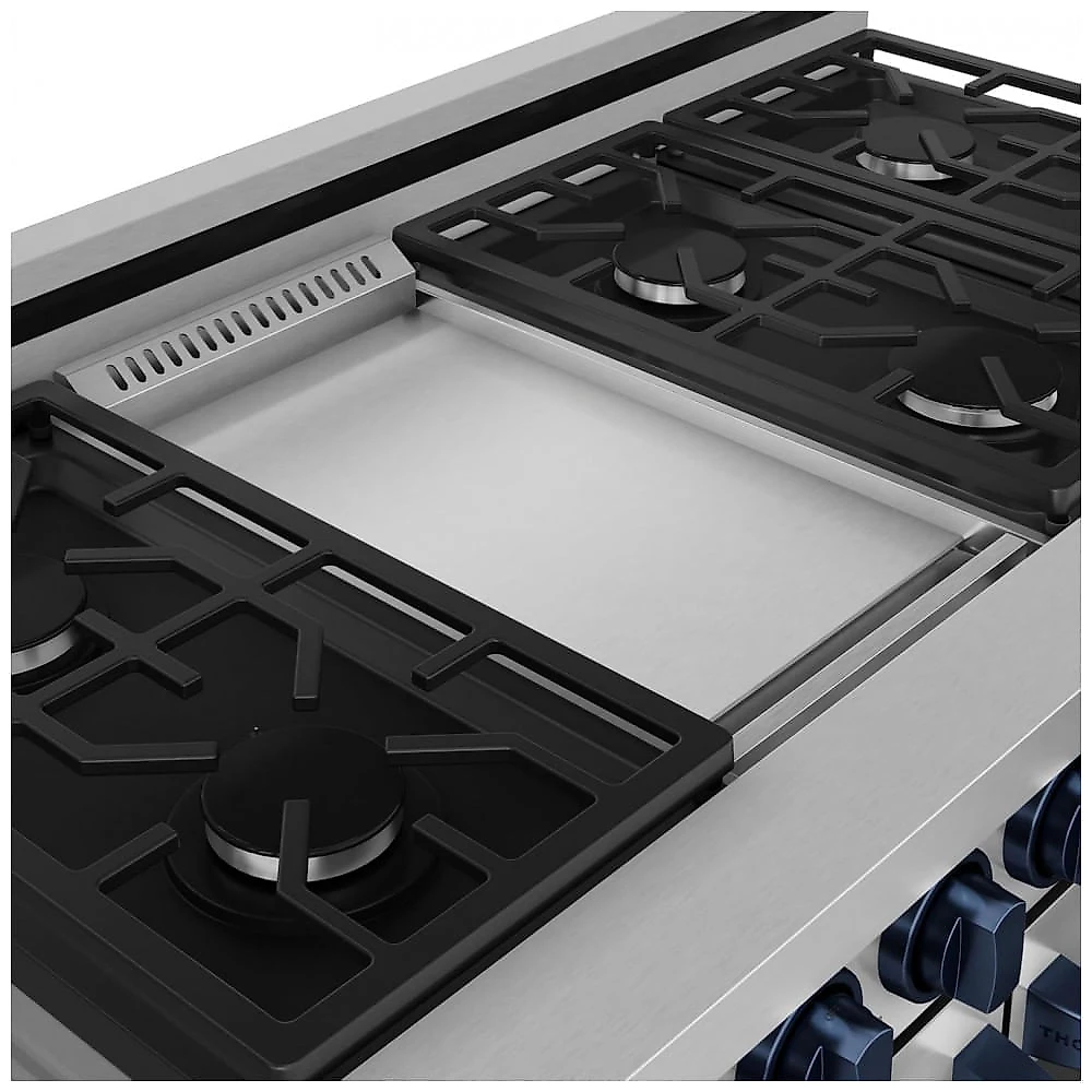 Fogão a gás profissional 122 cm Gordon Ramsay THOR Kitchen inox/azul marinho, 7 queimadores, chapa 15.000 BTU, 2 fornos com convecção 198 L e 62 L