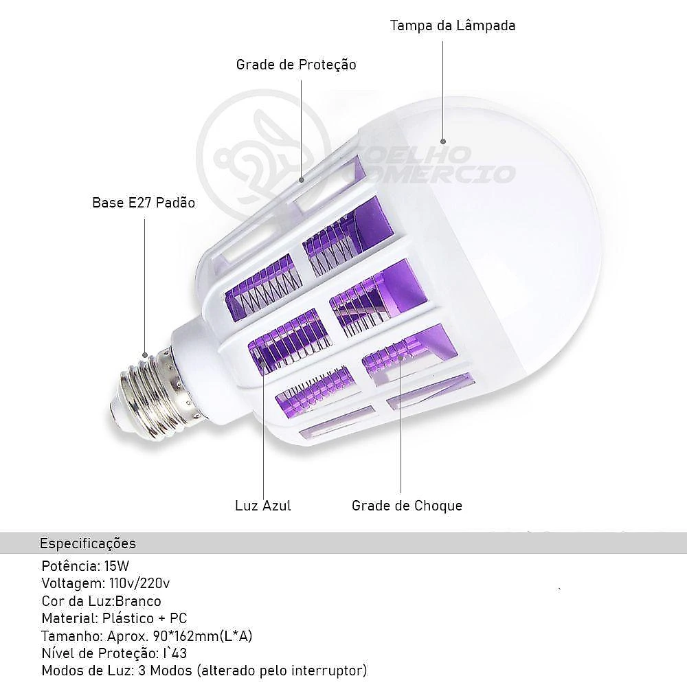 Lâmpada Luz Led Branco 15w Atrai Choque Mosquito