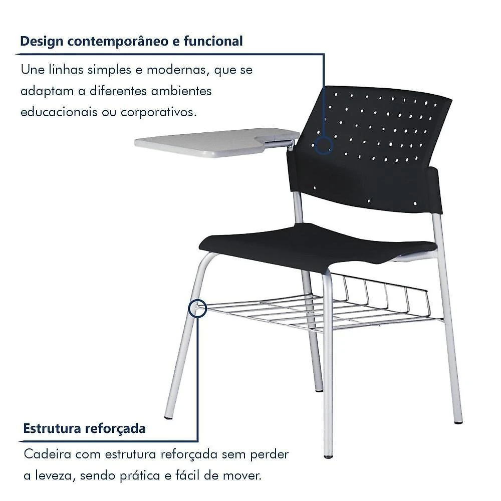 Kit 6 Cadeiras Escolar com Prancheta e Suporte para Livros Movie Conjunto 6 Cadeiras Escolar com Prancheta e Suporte para Livros Movie Preto