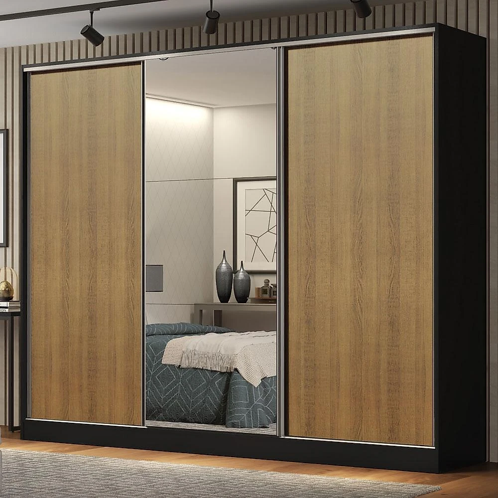 Guarda roupa casal 100% mdf madesa royale 3 portas de correr com espelho - preto/rustic