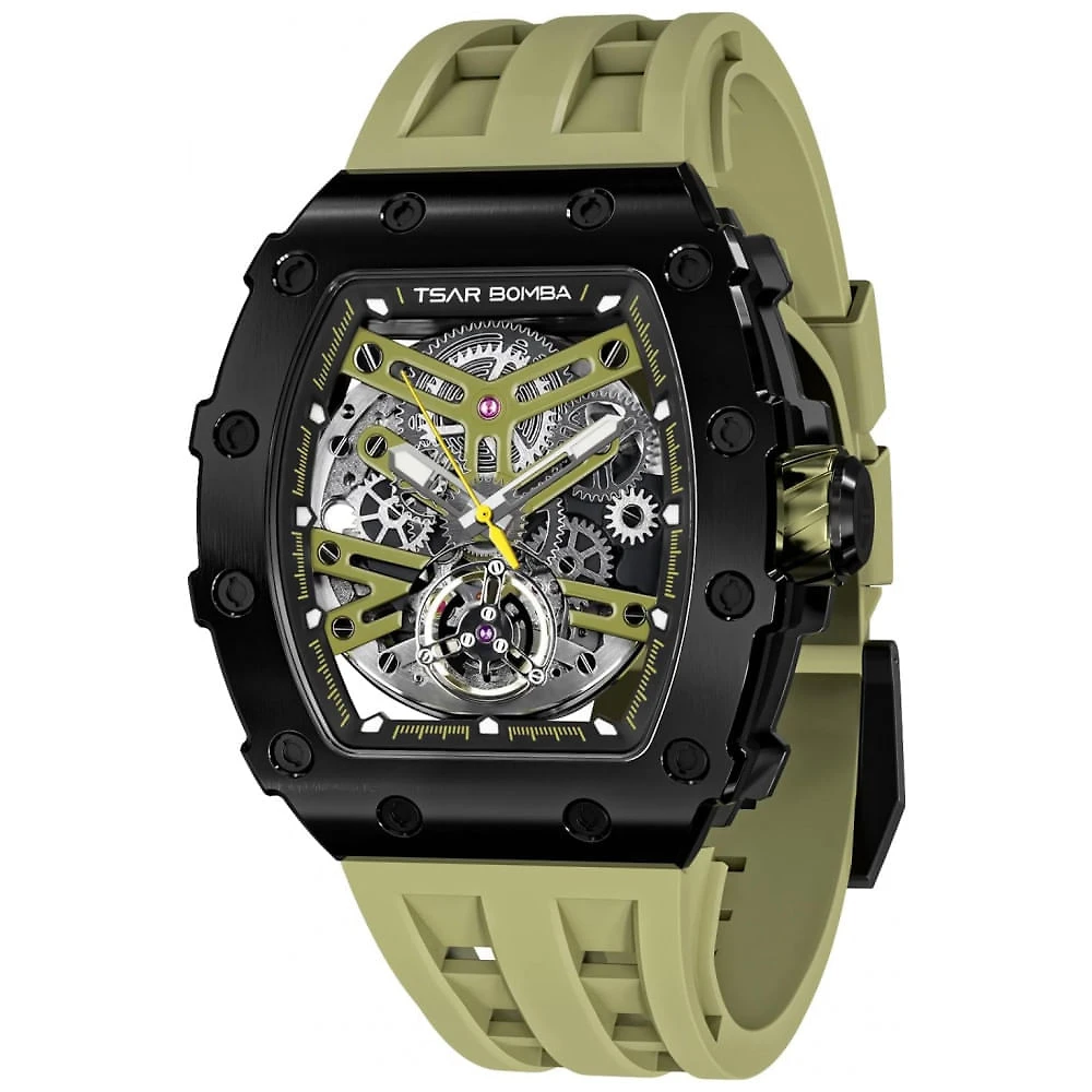 Relógio Masculino Analógico Automático Mecânico a Prova dÁgua 50M com Pulseira de Silicone, TSAR BOMBA TB 8208SGLZ, Pret...