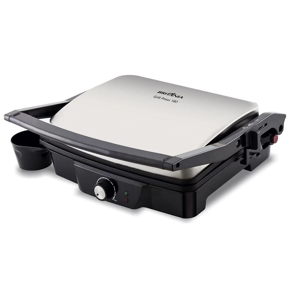 Grill britânia press 180 com placas antiaderentes e coletores de gordura preto 110v