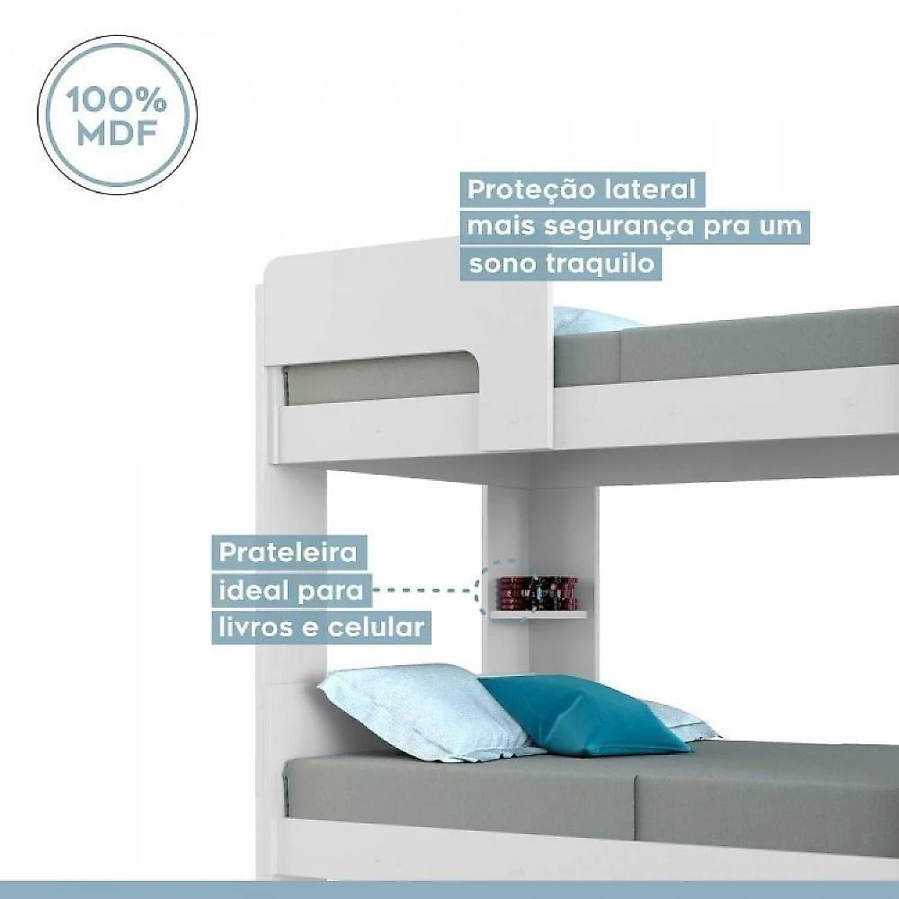 Quarto Infantil/juvenil com Beliche Vegas e Guarda Roupa 4 Portas 3 Gavetas Flórida 100% Mdf  Branco