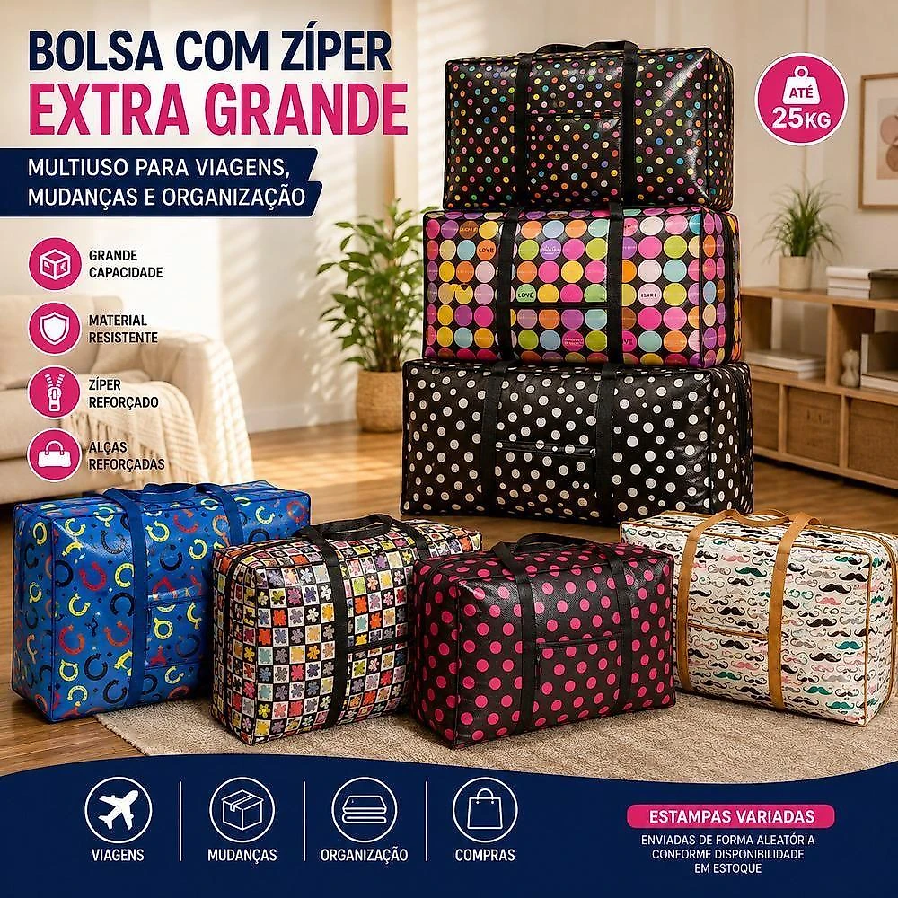 Bolsa Multiuso Extra Grande com Zíper Plástico PP Resistente Caramelo Único