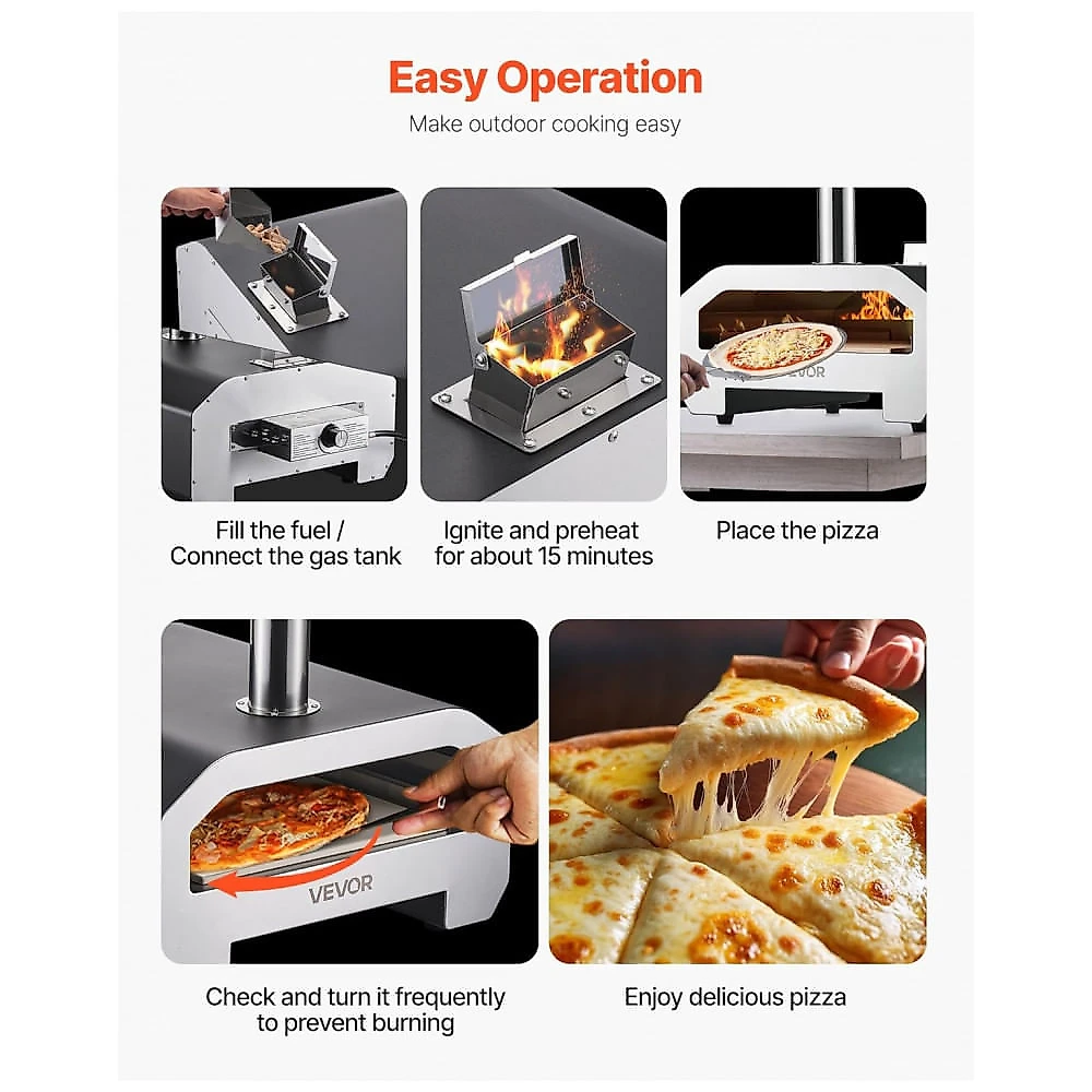 Forno de Pizza VEVOR Multicombustível 40,6 cm Lenha e Gás Portátil Pedra Refratária Alta Temperatura Externo