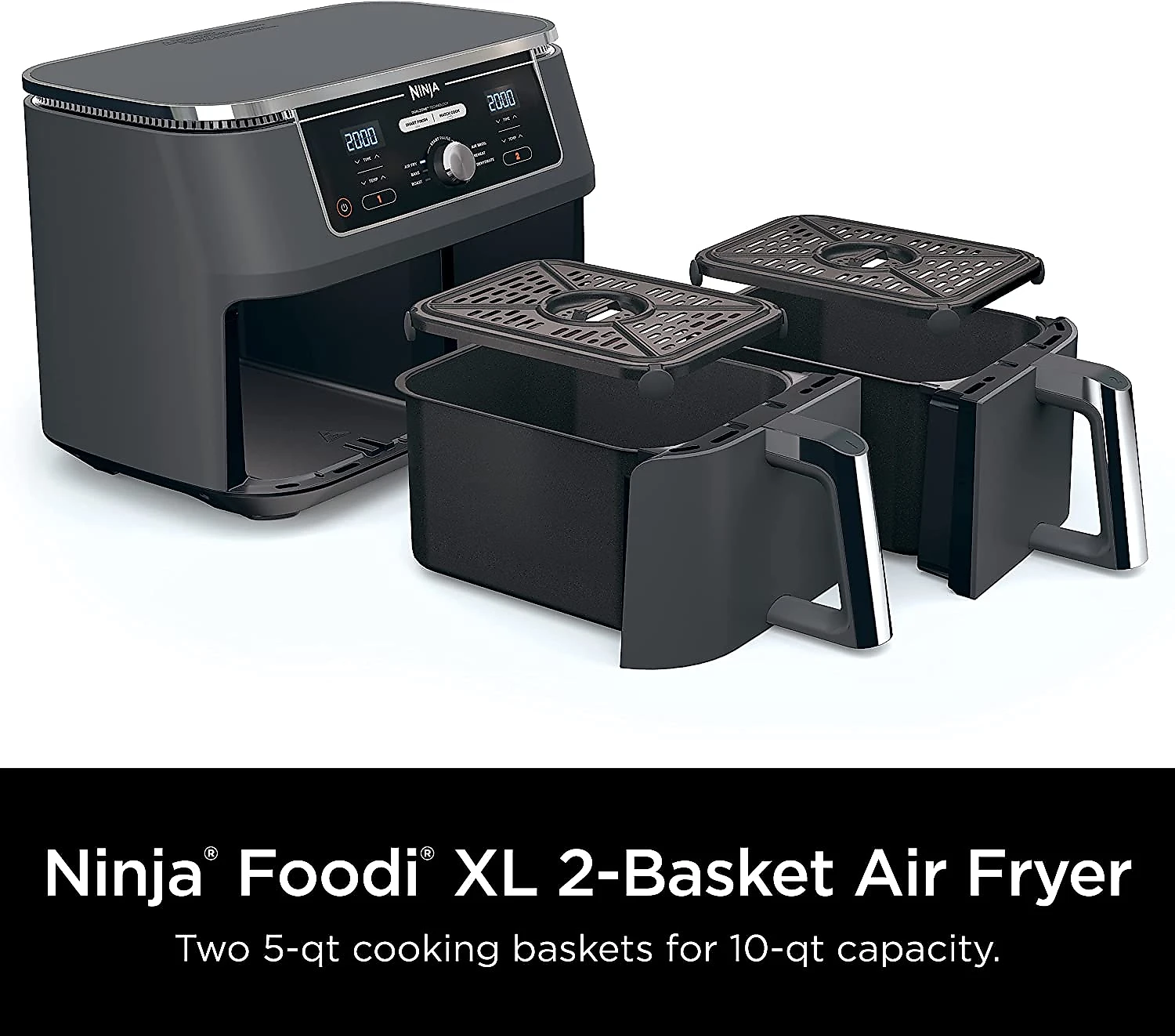 Ninja DZ401 Foodi 10 Quart 6in1 DualZone XL 2Basket Air Fryer with 2 Independent Frying Baskets Match Cook e Smart Finish to Roast Broil Dehydrate e More for Quick Easy FamilySized Meals Grey