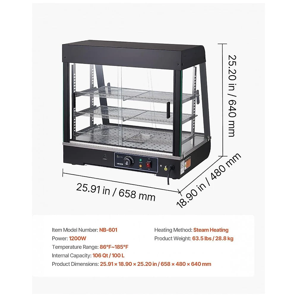 Estufa de Alimentos VEVOR NB-601 3 Andares 100L LED Aquecimento a Vapor 1200W 110V