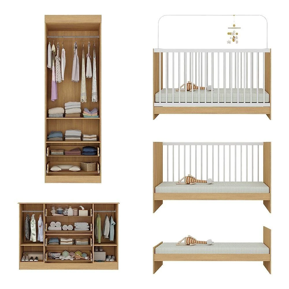 Quarto De Bebê Completo Com Berço 3 Em 1 Colchão Incluso Amora Multimóveis MP4577 Madeirado-branco