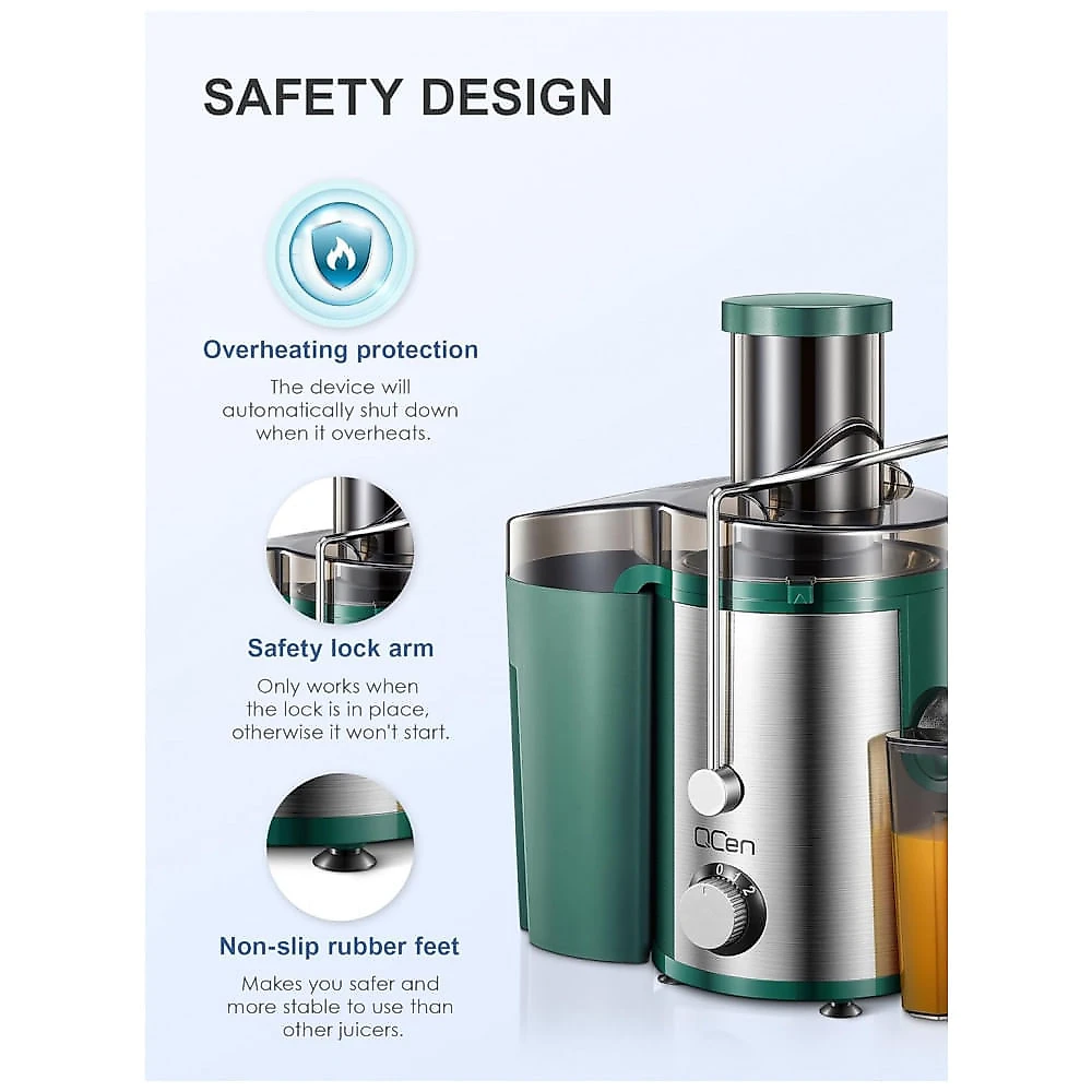 Extrator de Suco Centrífugo Qcen, 800W com Boca de Alimentação Larga para Frutas e Vegetais, Fácil de Limpar - Aço Inoxidável Verde 800W