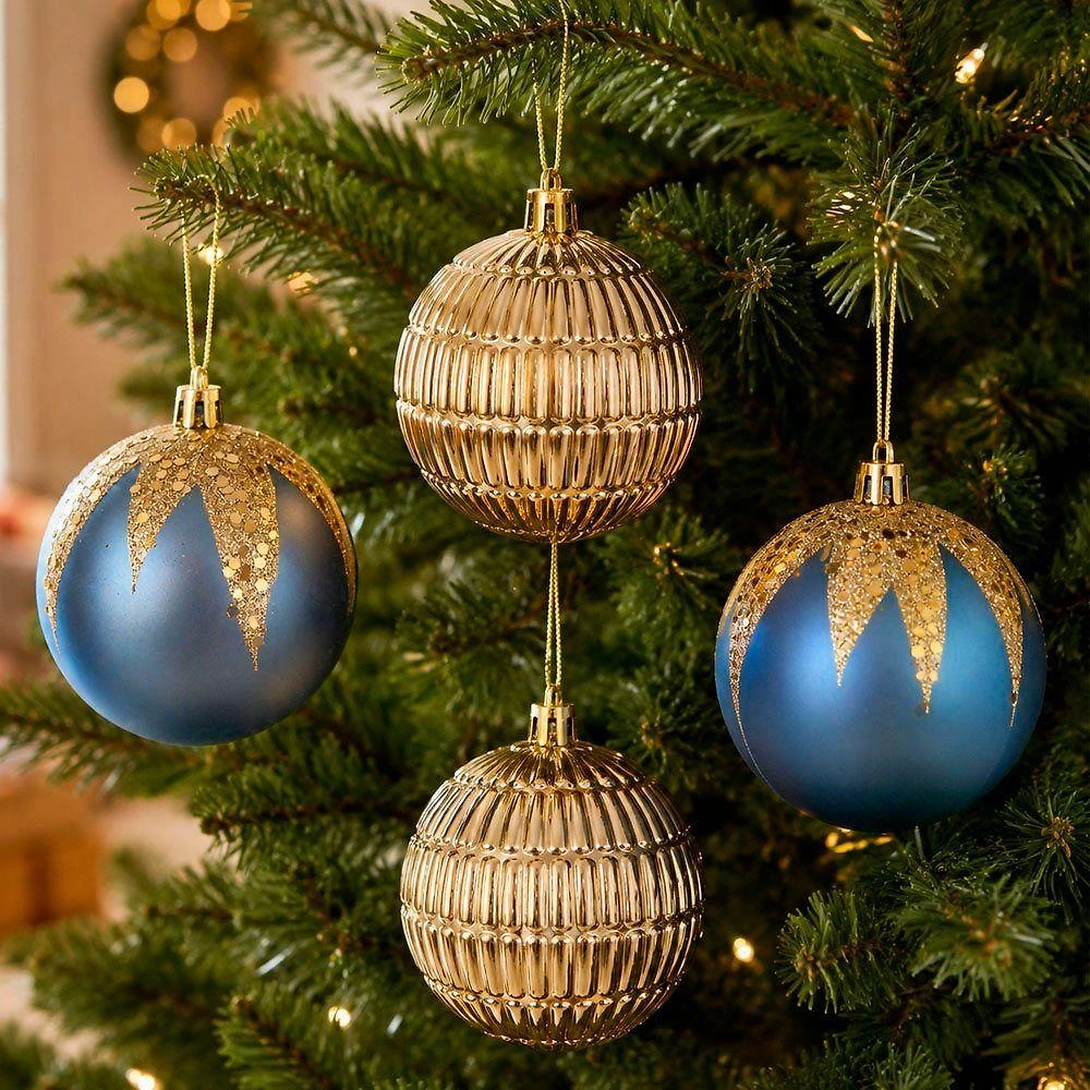 Enfeite Natalino Bolas de Natal Acabamento Azul e Dourado Kit 24 Bolas 8CM