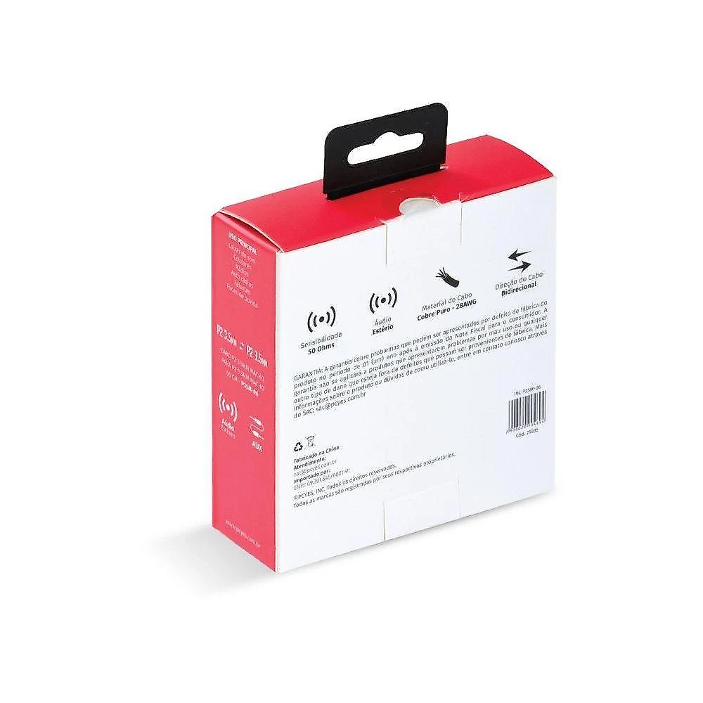 Cabo P2 3.5MM Macho Pcyes P35m-06 para Áudio Estéreo com 60CM AUX 28 AWG e Impedância 50 OHMS