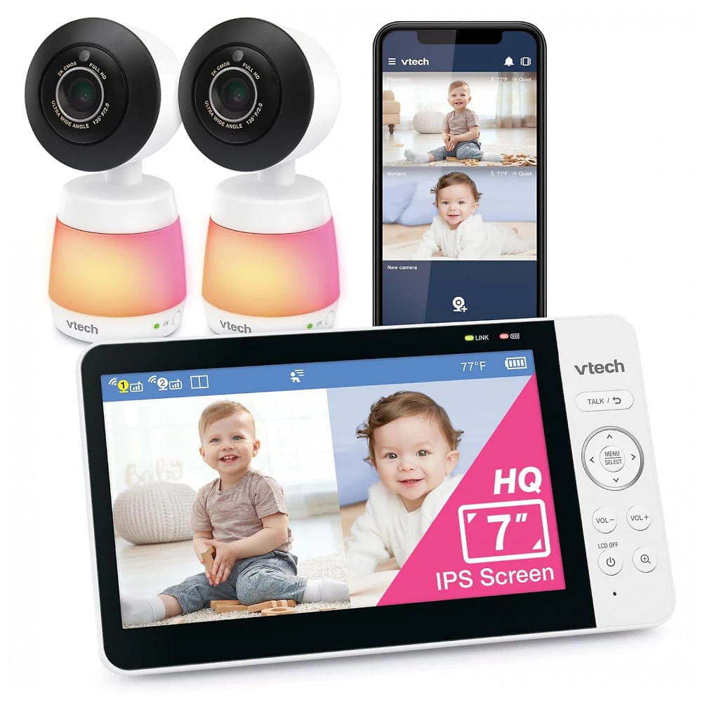 Babá Eletrônica Inteligente VTech com 2 Câmeras, WiFi, Vídeo Full HD 1080p, Aplicativo Gratuito, Detecção de Movimento e Som, Tela de 17 cm