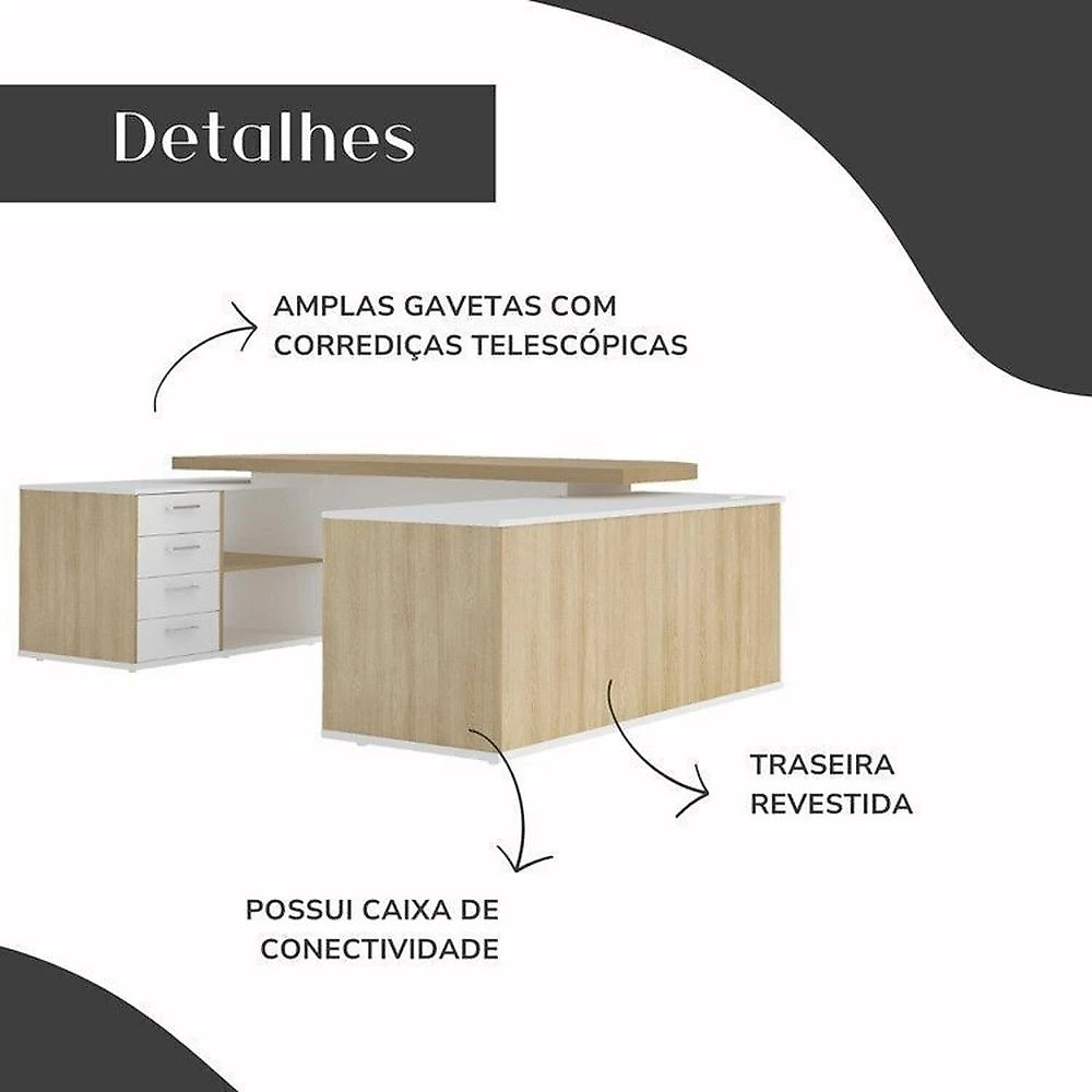 Kit 2 Peças com Mesa para Escritório Presidente em Tamburato e Armário Multiuso Alto Conjunto Para Escritório Executivo Mesa Tamburato Presidente E Armário Tamburato Com Nicho Carvalho/Branco