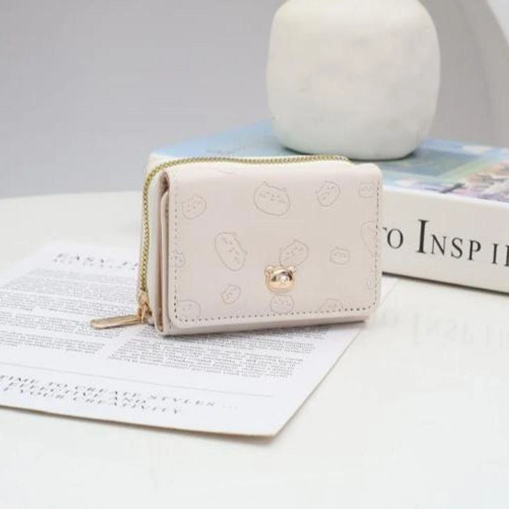 Carteira Feminina Pequena OEM D405 Ling Couro PU 10x2x8cm Bege