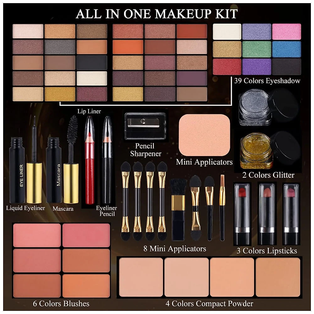 Kit de Maquiagem Profissional Completo MORNECA com Espelho 58 Cores Tudo em Um Sombra Blush Pó Batom Eyeliner Máscara para Mulheres