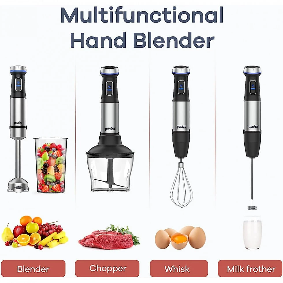 Mixer Portátil 5 em 1 com 15 Velocidades, Modo Turbo e Lâmina de Aço Inoxidável, 800W 110V, Ganiza, Prata