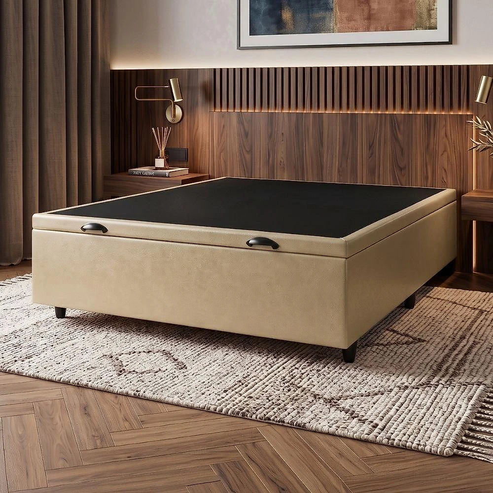 Cama Box com Baú Casal 1,38m em Revestimento Sintético Estrutura em Madeira Bege Caramelo Prince