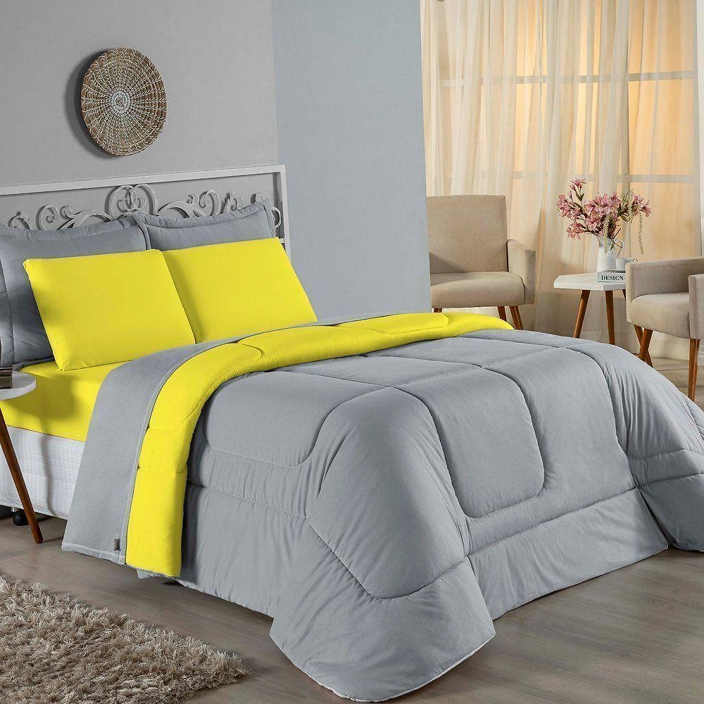 Edredom Queen Nobre 1 Peça Dupla Face 2,20m X 2,40m Malha 100% Algodão - Cinza / Amarelo