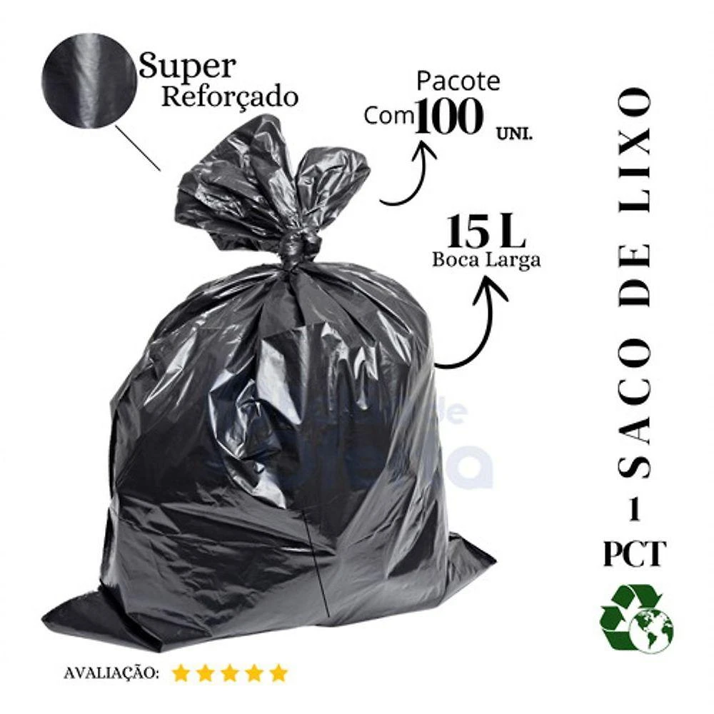 Saco de Lixo Super Reforçado Preto 15L Pacote com 100 Unidades para Uso Doméstico Higipack