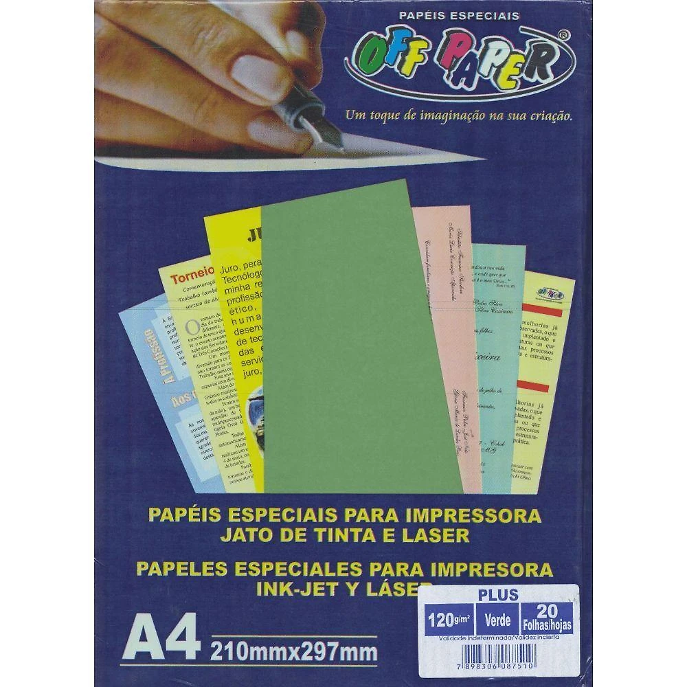 Papel A4 Off Paper Plus 120 G-M² 210X297MM Bloco com 20 Folhas para Impressão Verde