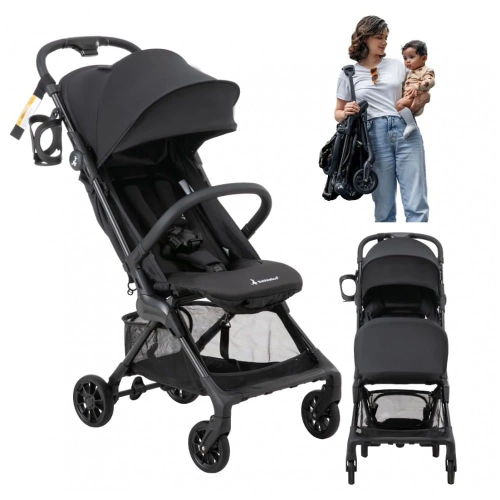 Carrinho compacto BabbleRoo Hoplite Preto Jet Black - Ultraleve 5,6 kg, Estrutura em Liga de Aço, Reclinação 175°, Capota Impermeável UPF 50+
