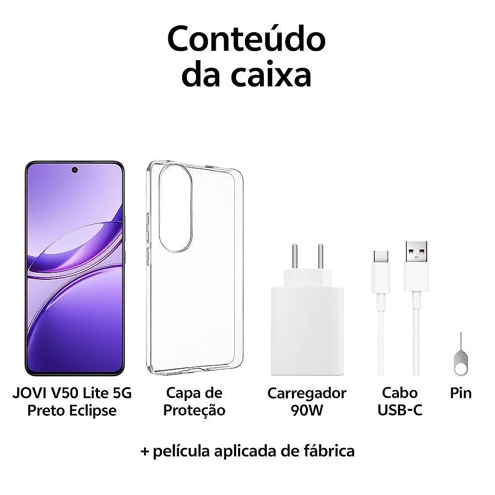 Smartphone jovi v50 lite 5g eclipse 256gb, 8gb ram, dimensity 6300, tela amoled 6.77" 120hz, câmera traseira 50mp, android 15 e ip65