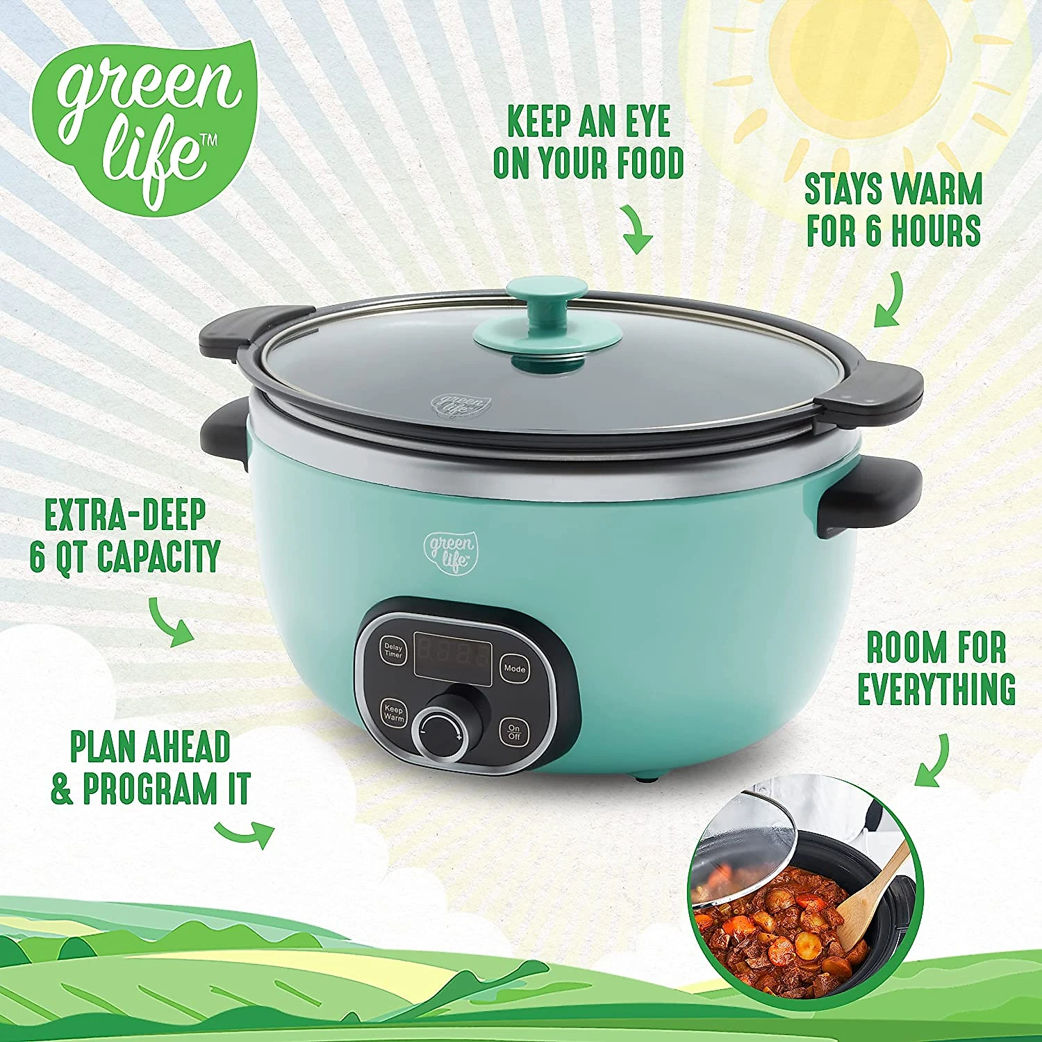 GreenLife Panela Elétrica Multifuncional 5L cControle de Temperatura 110V Verde Claro