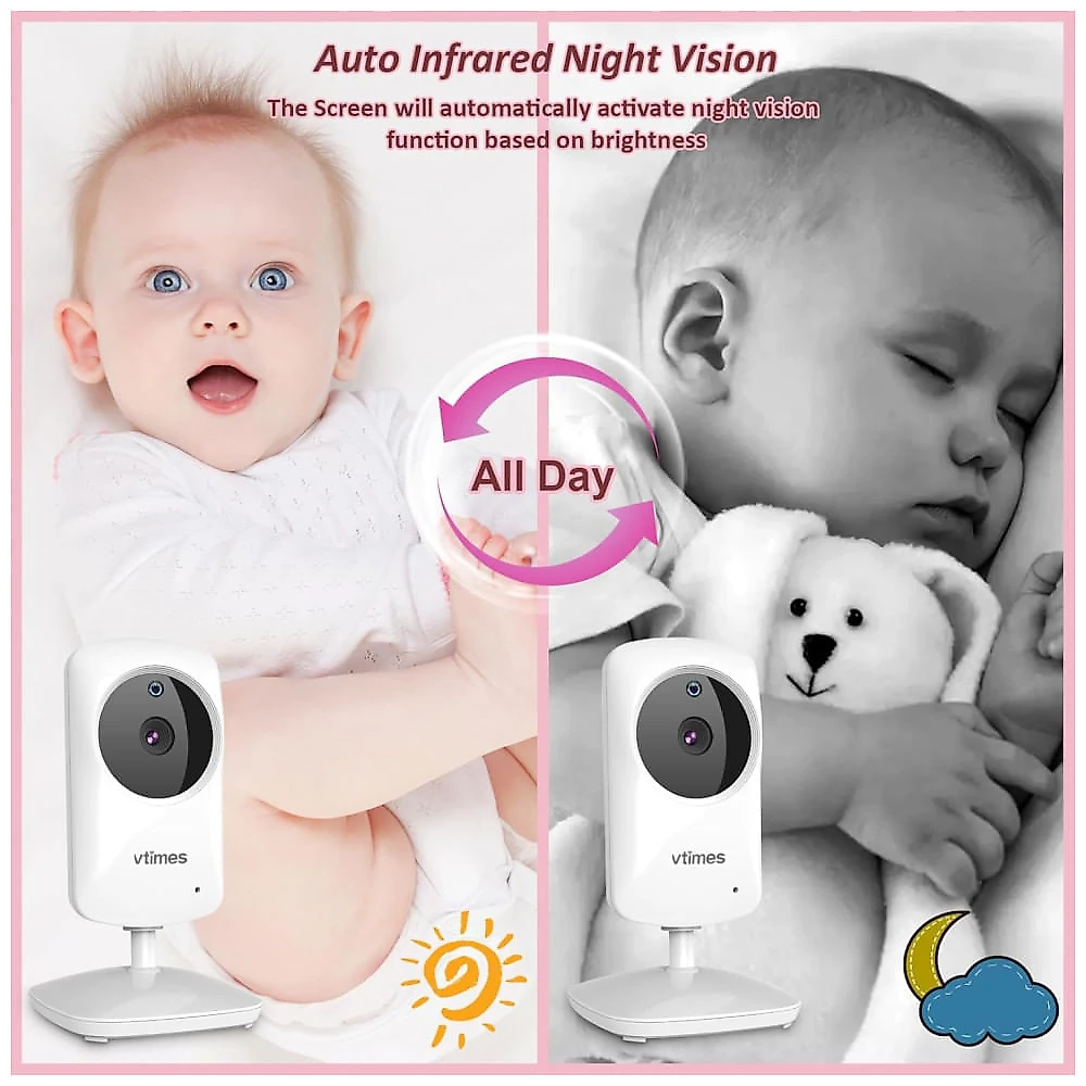 Babá Eletrônica com Câmera e Áudio, Visão Noturna, Tela LCD de 2,4", Sensor de Temperatura, 1000ft - Ideal para Bebês, Idosos e Animais,VTimes