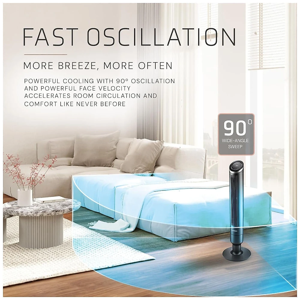 Ventilador de Torre com Controle Remoto, Distância Máxima do Ar 8 Metros, 6 Velocidades, Temporizador de 24H e Oscilação de 90°, 110V 54W, Lasko 110v