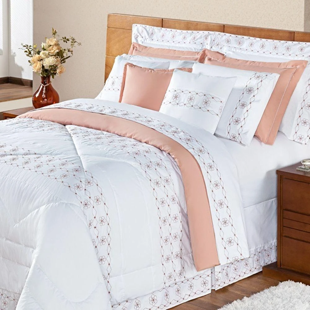 Edredom + Jogo De Cama 200 Fios Damasco Queen 15 Peças 100% Poliéster - Branco/salmao