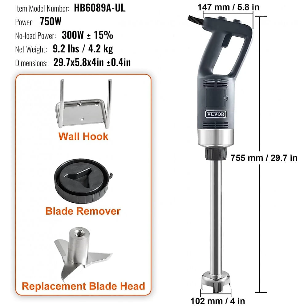 Mixer de Imersão Comercial VEVOR 750W Preto Haste 40cm Inox 8000-20000RPM Velocidade Variável 110V