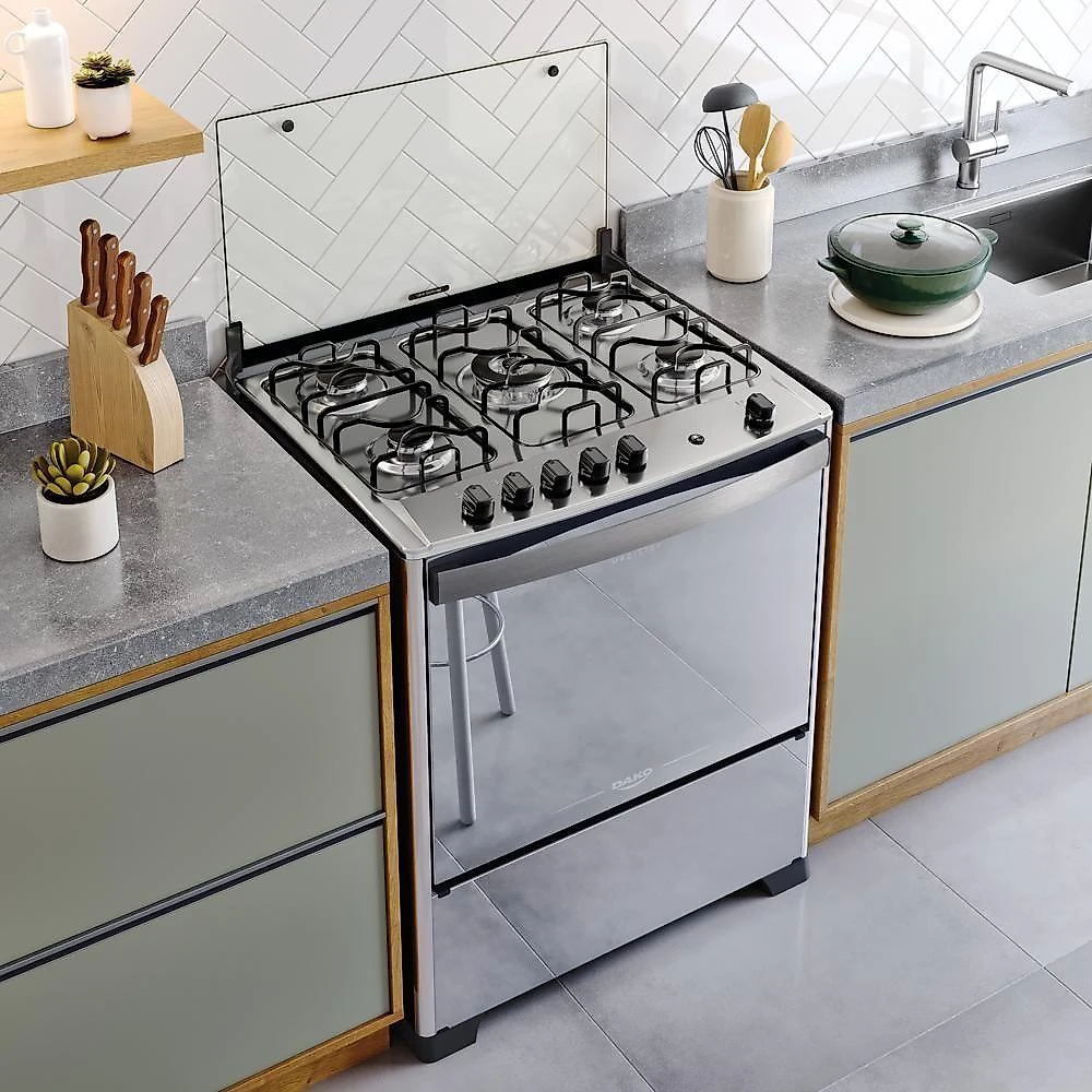 Fogão 5 Bocas Dako Magister Style Espelhado Com Mesa Inox Preto Bivolt