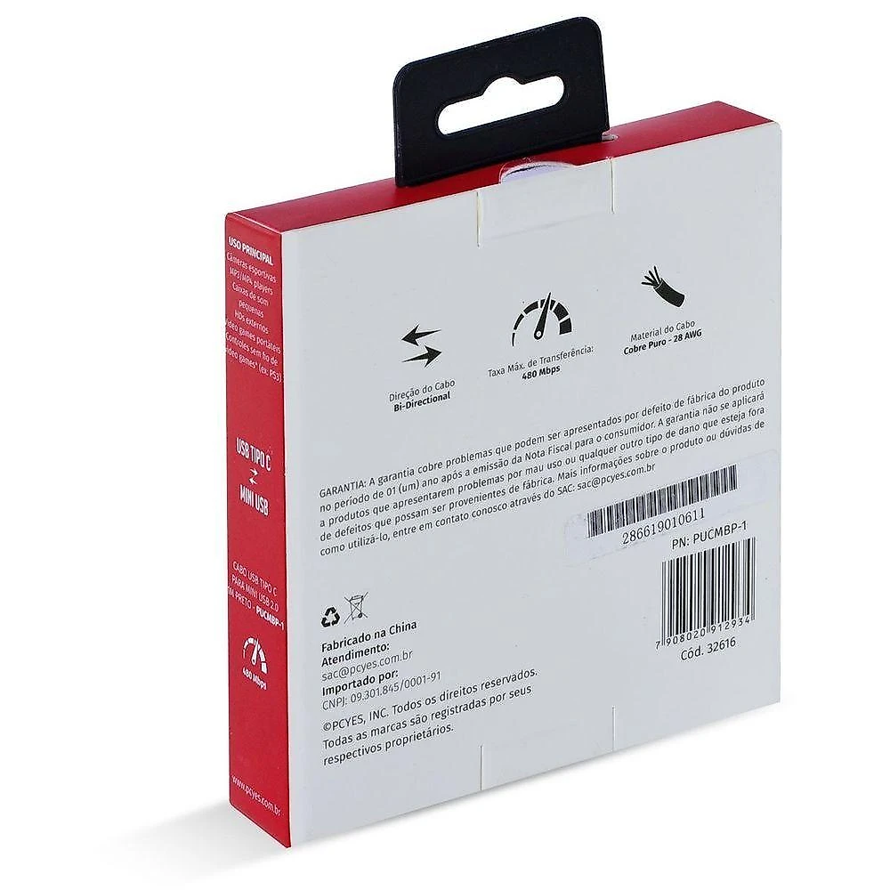 Cabo USB Tipo C para Mini USB B 2.0 1M Alta Taxa de Dados 480 MBPS Preto Pcyes