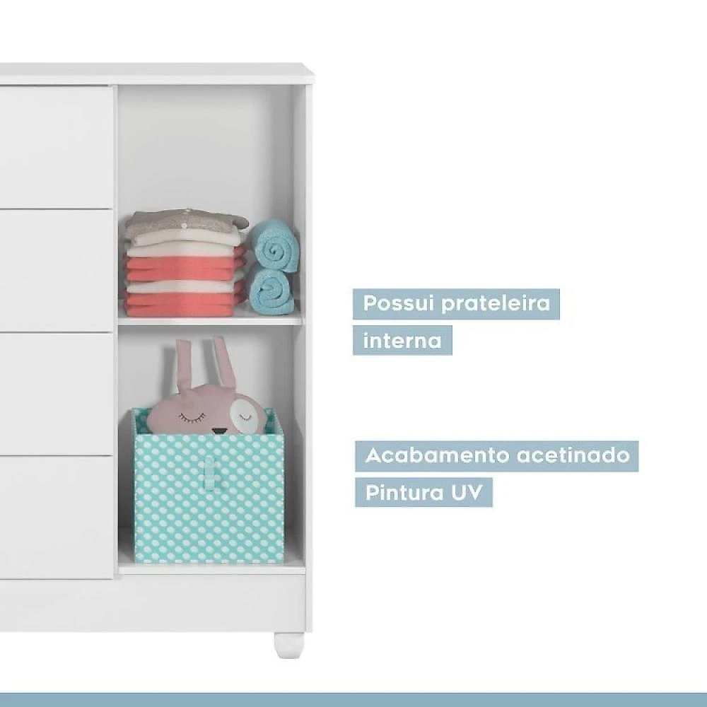 Quarto de Bebê com Berço com Suporte, Cômoda 1 Porta 4 Gavetas Life e Roupeiro 3 Portas 2 Gavetas Branco
