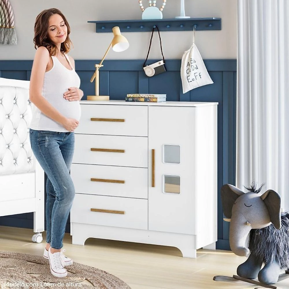 Quarto de Bebê com Berço Mini Cama 100% Mdf com Colchão Life e Cômoda 4 Gavetas 1 Porta Fly 100% Mdf Branco