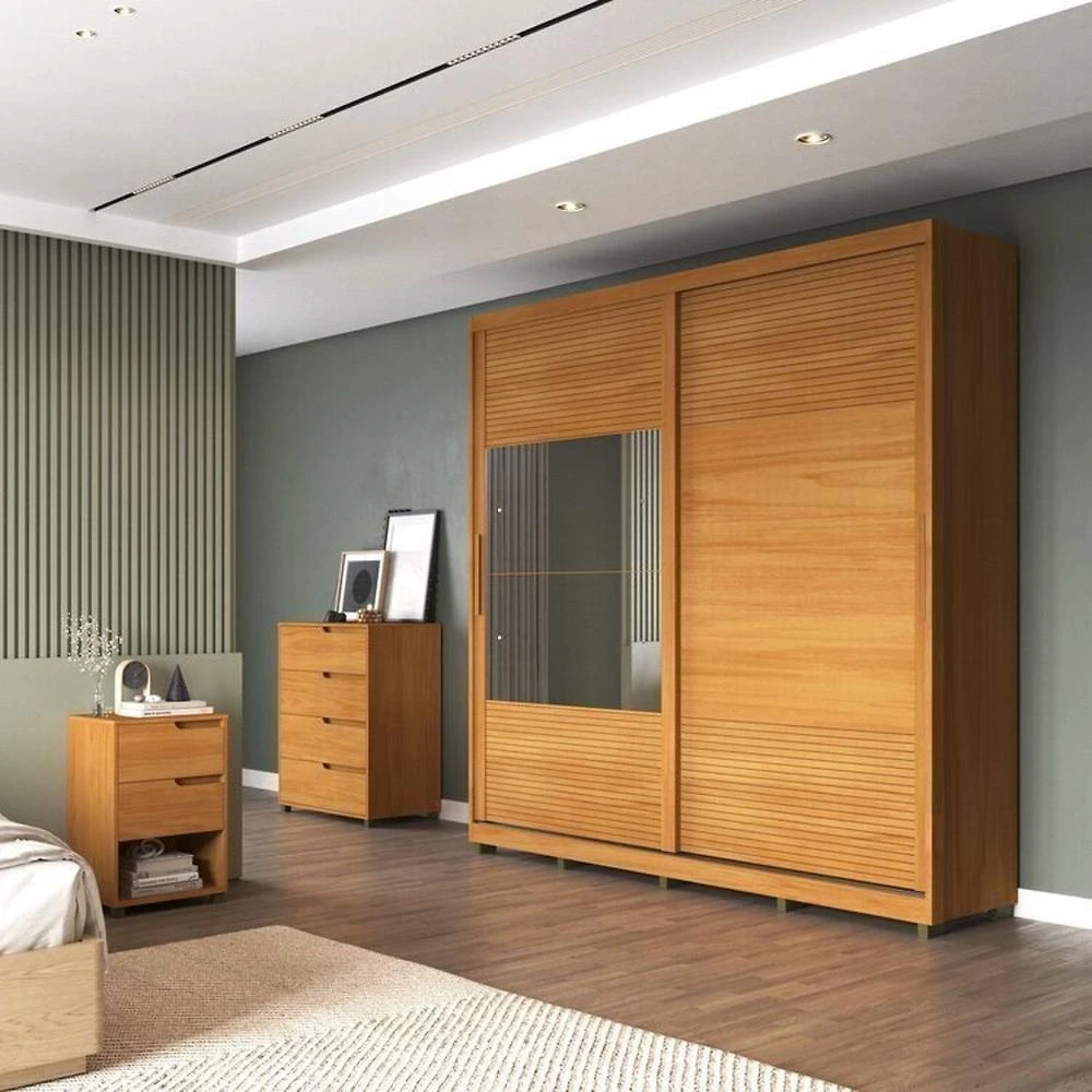 Miniatura Quarto Casal com Guarda-Roupa 2 Portas de Correr, Cômoda e 2 Mesas de Cabeceira Malthus Nature