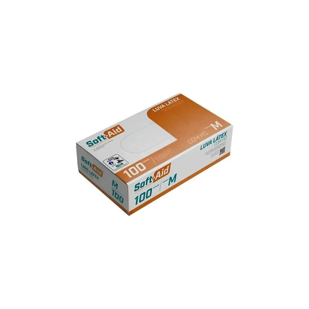 Luva de Látex Descartável com Pó Soft+aid Tamanho m Caixa com 100 Unidades