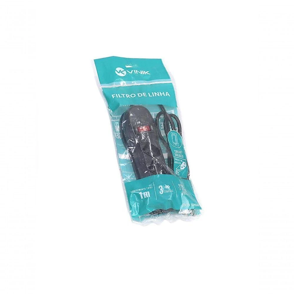 Filtro de Linha 3 Tomadas Pp 0 e 75mm 1mt Proteção Contra Sobretensão Preto Vinik