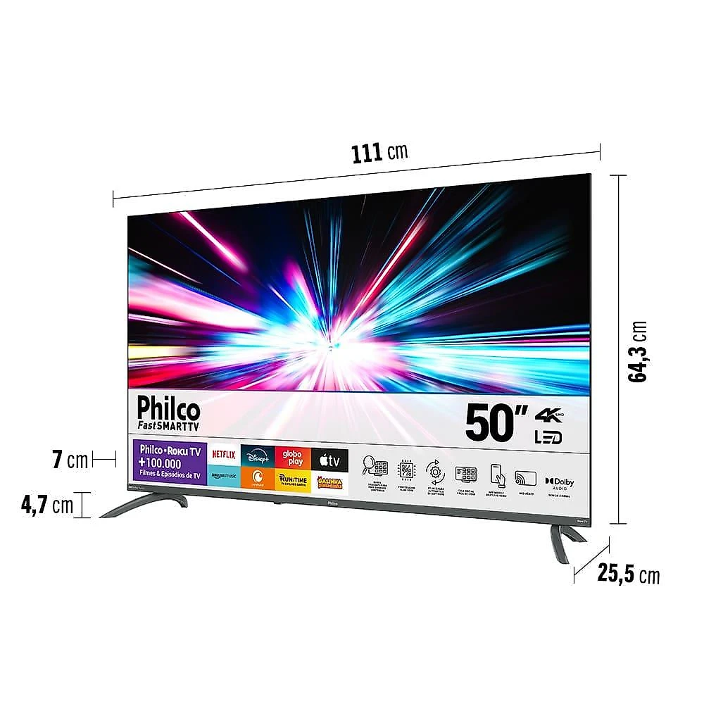 Smart tv philco 50" 4k led ultra hd ptv50va4regb sistema operacional roku tv e entradas usb e hdmi