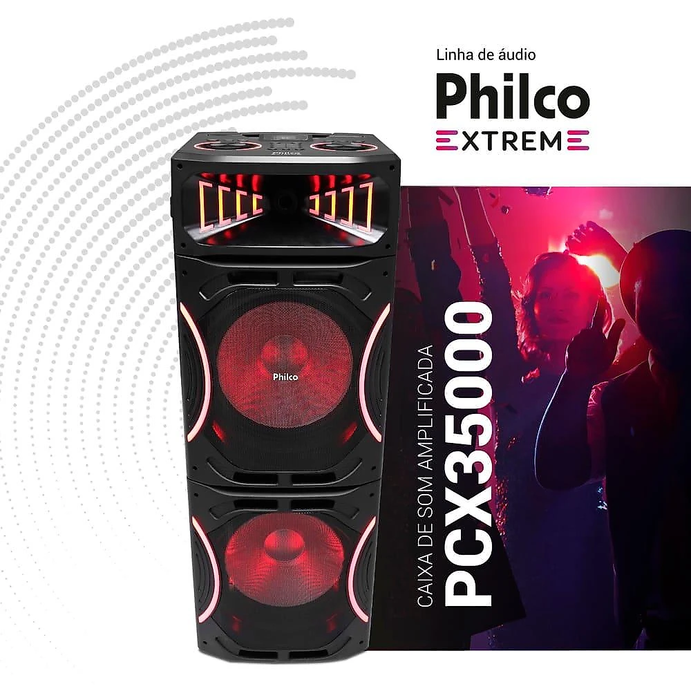 Caixa de som amplificada philco pcx35000 bluetooth 3500w rádio fm função ex bass e flash light bivolt