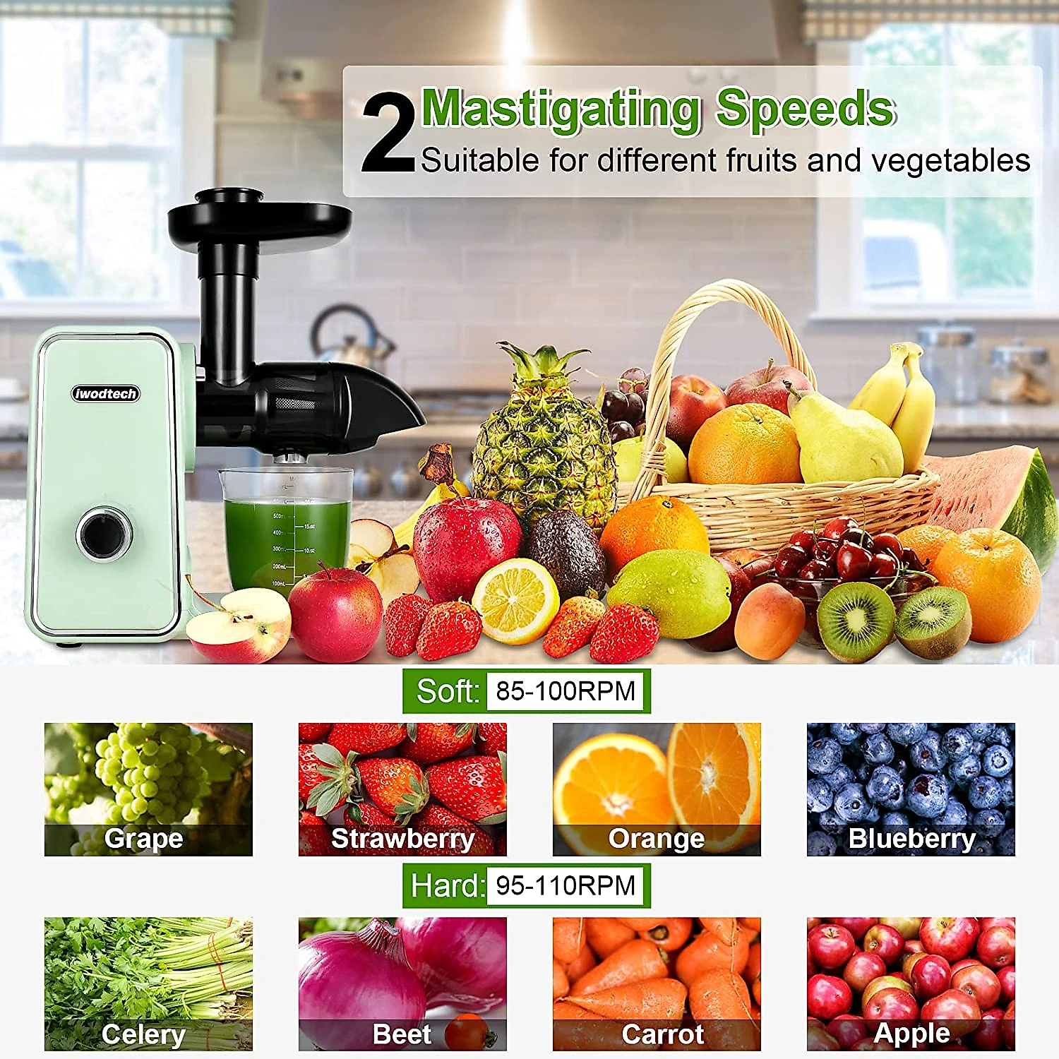 Iwodtech Centrífuga de Frutas com 2 Velocidades Aço I noxidável Silencioso e Função Reversa 110V Verde
