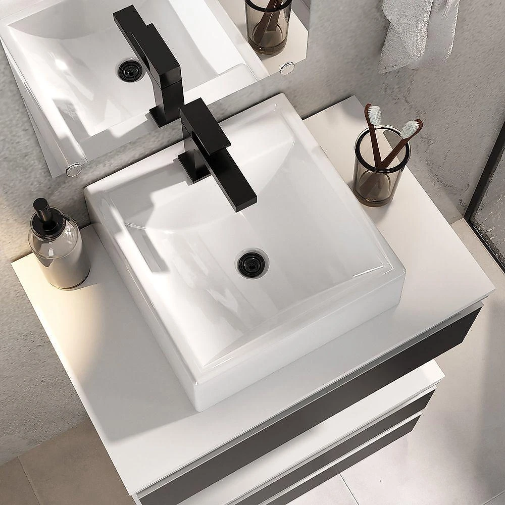 Conjunto Gabinete Banheiro Creta 60cm (gabinete+espelheira+cuba) Branco Preto