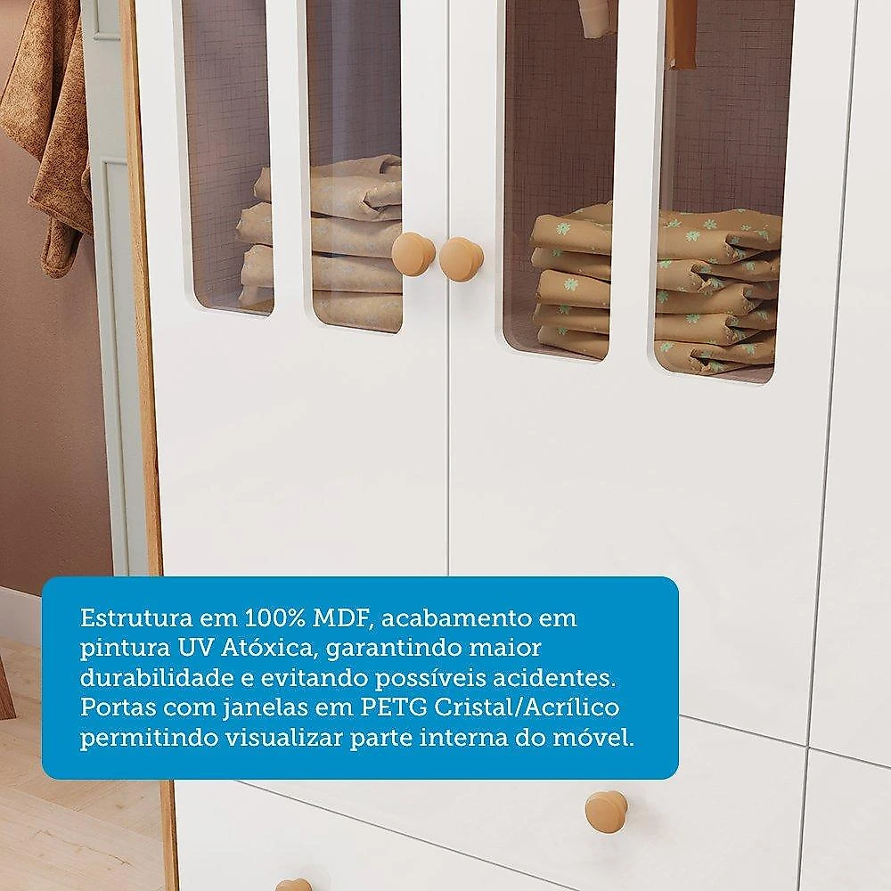 Quarto Infantil com Guarda-roupas e Cômoda com Janelas 100% Mdf Maya Clássico Espresso Móveis Branco Brilho/Amêndoa
