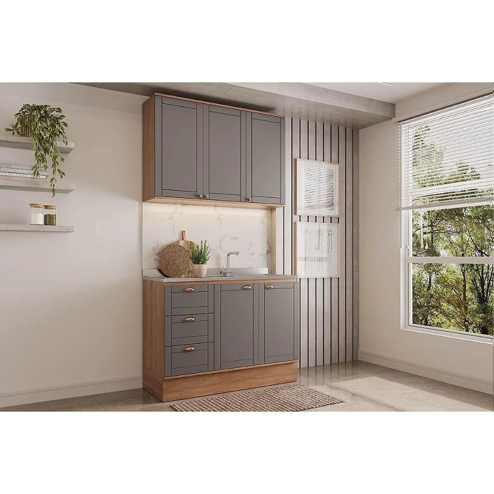 Cozinha Bella C2P49 5 Portas 3 Gavetas MDF 120CM Nogal e Cinza Móveis Carraro